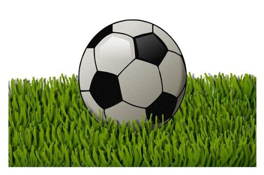 Grafika przedstawia piłkę nożną na trawie.