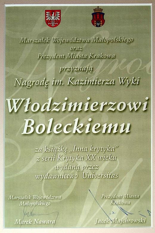 Włodzimierz Bolecki otrzymał nagrodę im. Kaziemierza Wyki...